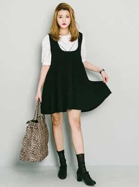 White Half Sleeve Sweater with Black Suspender Mini Swing Dress