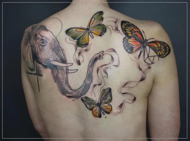 Elephant with Colorful Butterfly Tattoo Design