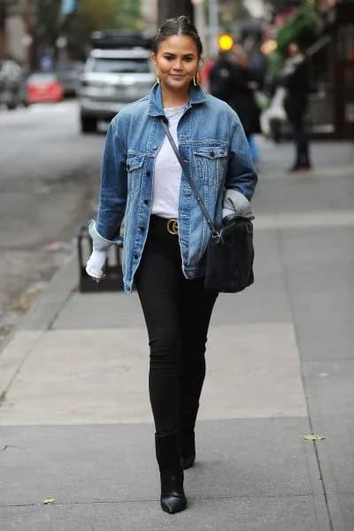 Blue Denim Fall Jacket with White Tee & Black Skinny Jeans