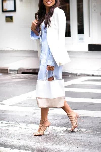 Blue Shirt Dress with White Blazer & Strappy Heels