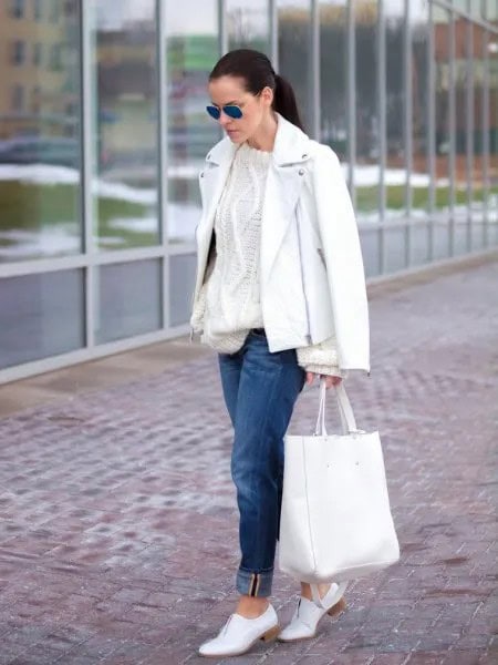 Leather Jacket with Cable Knit Sweater & White Shoes