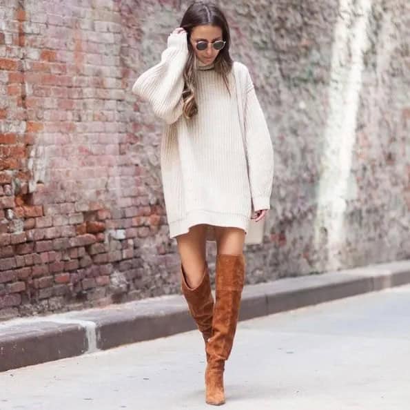 White Oversized Sweater with Camel Thigh High Suede Boots