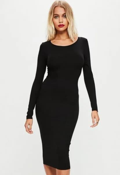 Black Boat Neck Long Sleeve Midi Dress with Open Toe Heels