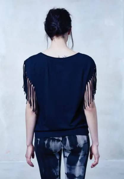 Black Fringe Sleeve Blouse with Printed Skinny Pants