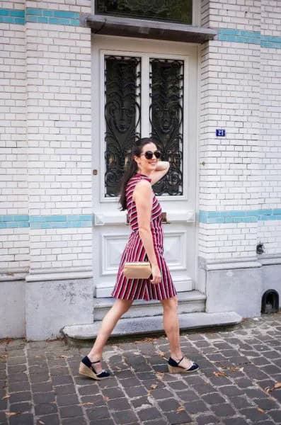 Black and White Striped Sleeveless Tank Dress with Wedge Heels & Rose Gold Purse