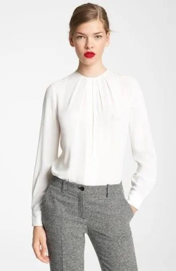 White Long Sleeve Crew Neck Relaxed Fit Blouse with Tweed Pants