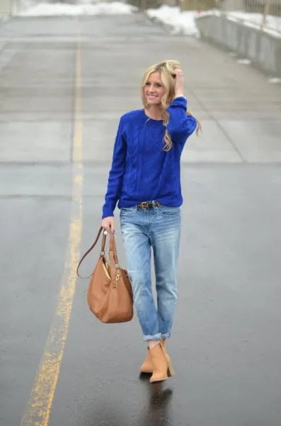 Royal Blue Cable Knit Sweater with Cuffed Boyfriend Jeans