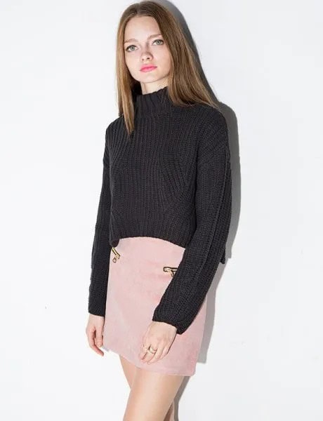 Black Mock Neck Sweater with Pink Suede Mini Skirt