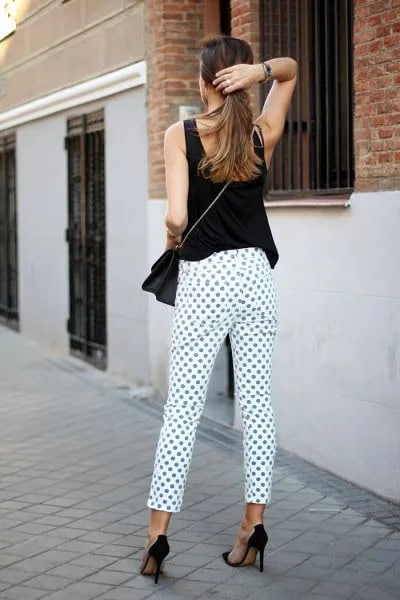 White and Purple Polka Dot Pants with Black Sleeveless Top