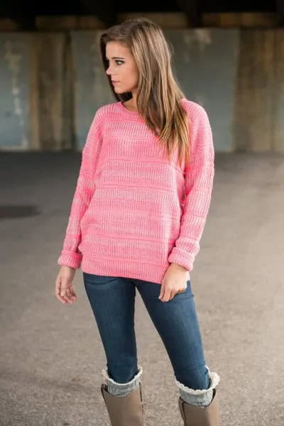 Pink Knit Sweater with Grey Suede Knee High Boots