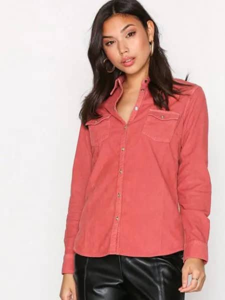 Pink Corduroy Shirt with Black Leather Pants