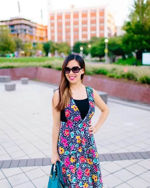 Black, Red and Blue Floral Printed Deep V Neck Dress with Crop Top