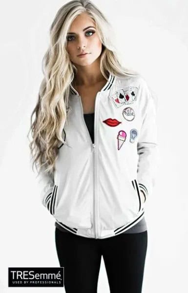 White Embroidered Bomber Jacket with Black Tank Top & Mini Shorts