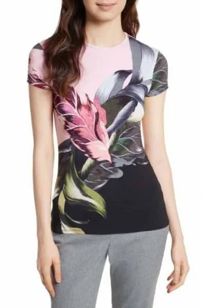 Black, White and Pink Floral Printed Fitted T Shirt with Grey Slim Fit Pants