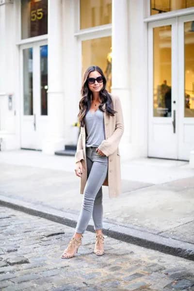 Tan Longline Sweater Cardigan with Grey Tee & Skinny Jeans