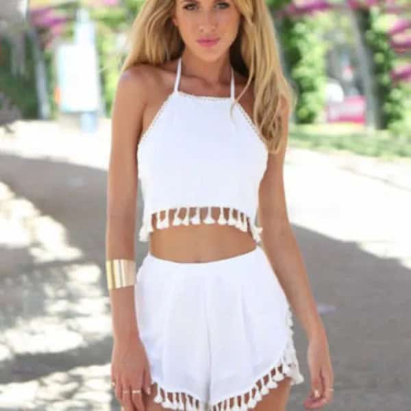 Cropped Halter Top with White Tassel Shorts