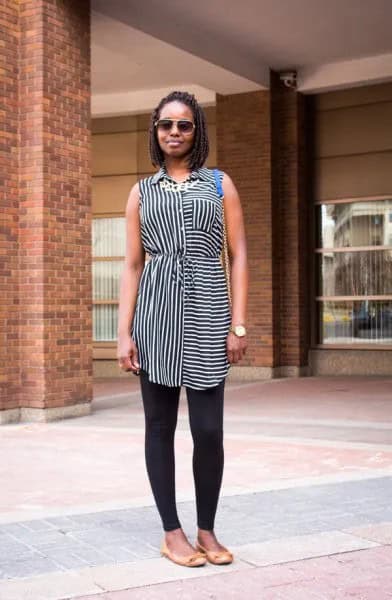 Black and White Striped Sleeveless Long Shirt with Leggings