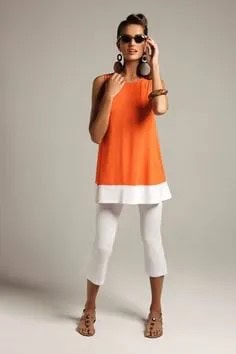 Orange Color Block Tunic Sleeveless Top with White Carpri Leggings