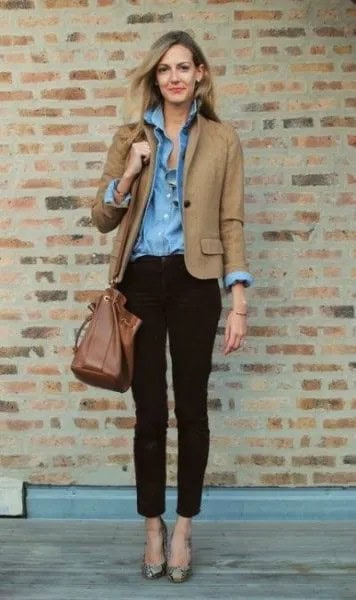 Brown Fall Blazer Jacket with Light Blue Chambray Shirt