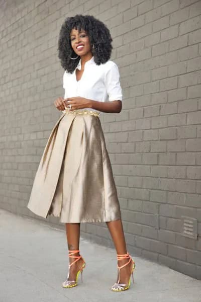 White Button Up Shirt with Rose Gold Midi Flared Skirt