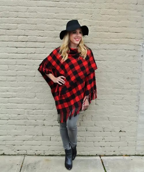 Red and Black Plaid Poncho with Floppy Hat