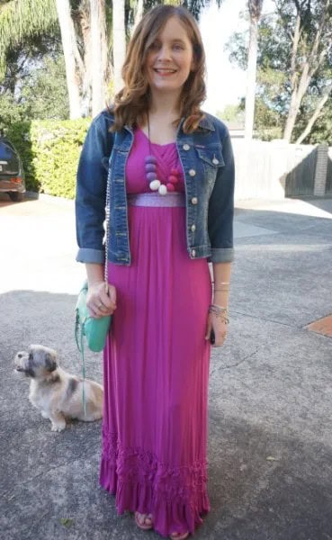 Belted Maxi Pleated Dress with Dark Blue Denim Jacket