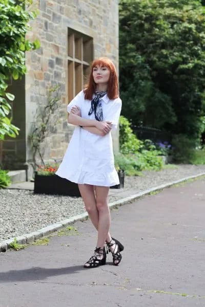 White Flared Mini Shirt Dress with Navy Silk Bow Scarf