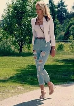 White Blazer with Scoop Neck Top & Light Blue Ripped Jeans