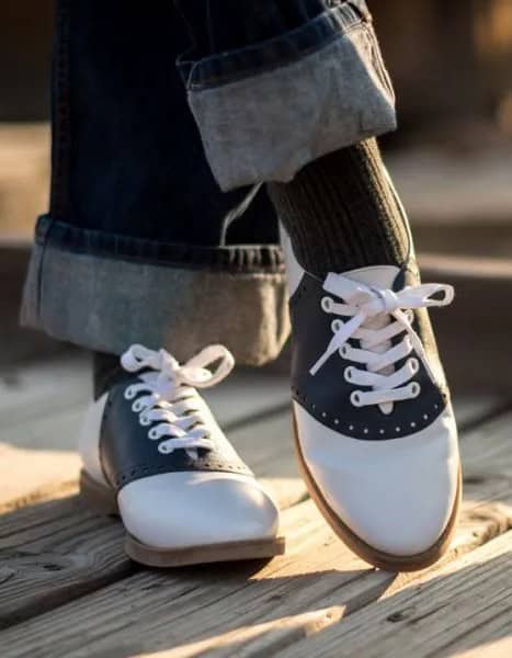 Dark Grey Cuffed Straight Leg Jeans with Black and White Oxford Dress Shoes