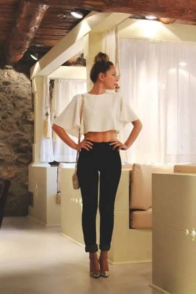 White Batwing Cropped Going Out Top with Black Cuffed Slim Fit Jeans