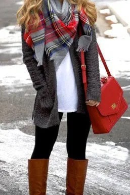 Grey Cardigan with White Tunic Top & Brown Knee High Boots