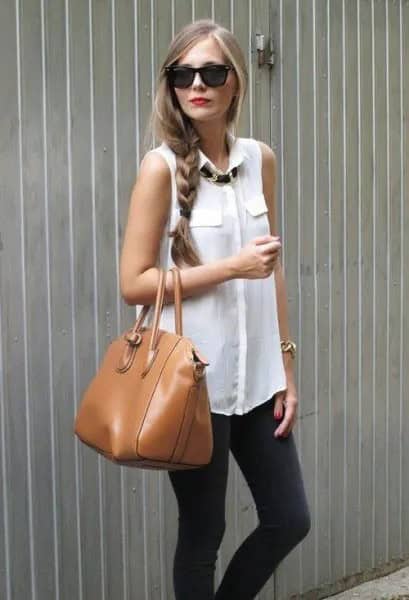 White Sleeveless Blouse with Grey Skinny Jeans