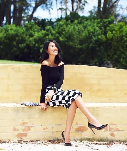 Black Off The Shoulder Top with Checkered Midi Bodycon Skirt