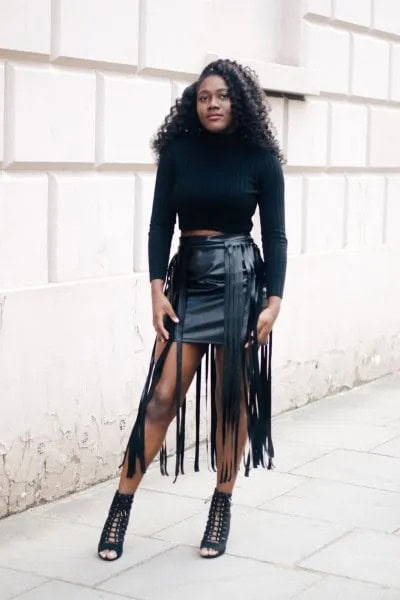 Black Long Fringe Belt with Leather Skirt