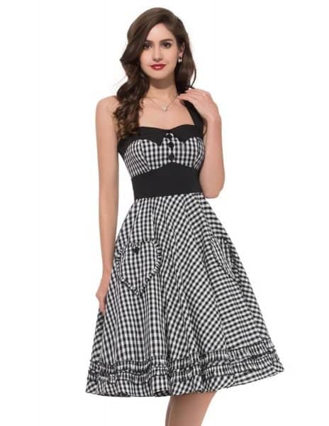 Black and White Checkered Fit and Flare Square Neckline Midi Dress