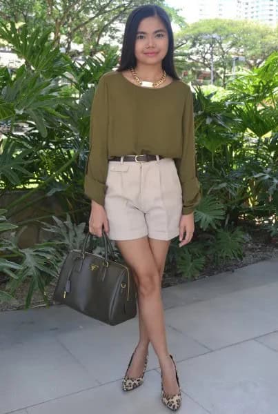 Olive Green Chiffon Blouse with Ivory Chino Shorts