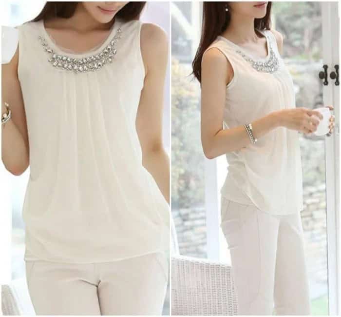 White Chiffon Sleeveless Top with Slim Fit Pants