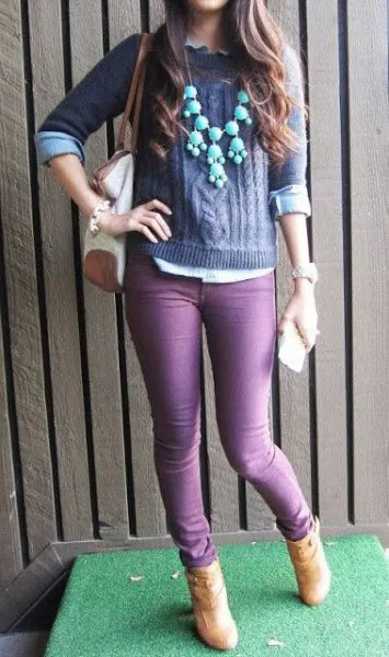 Purple Cable Knit Sweater with Matching Skinny Jeans