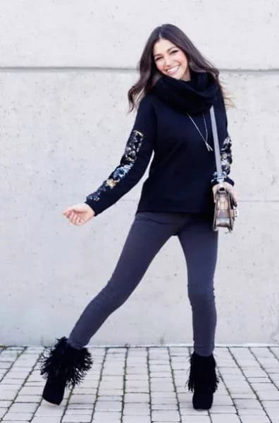 Black Sweatshirt with Infinity Scarf & Dark Grey Skinny Jeans