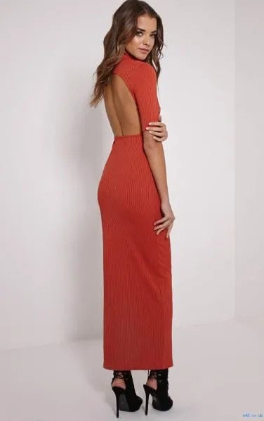 Red Mock Neck Open Back Maxi Dress with Black Ballet Heels