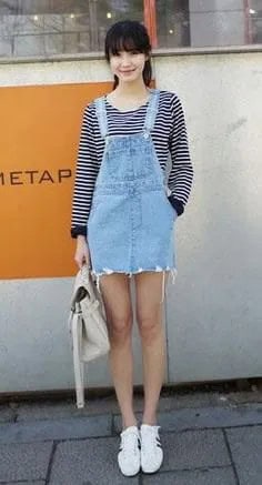 Mini Denim Overall Dress with Black and White Striped Long Sleeve Tee