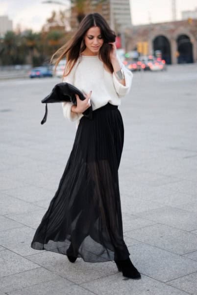 White Wide Sleeve Sweater with Black Sheer Skirt