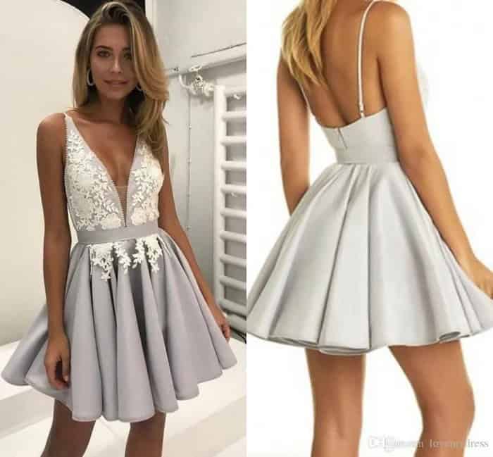 White and Grey Deep V Neck Fit and Flare Mini Dress