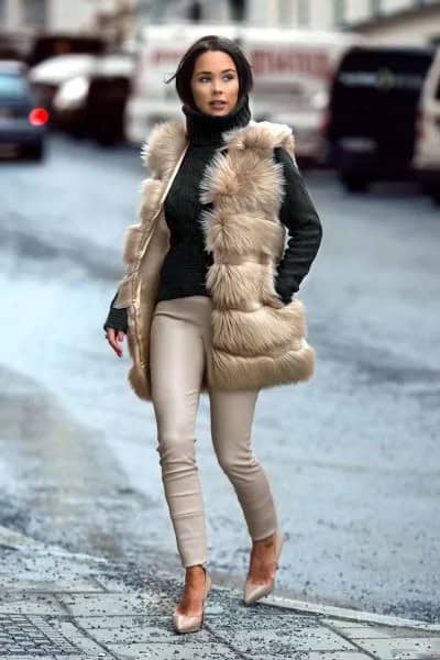 Light Brown Vest with Black Turtleneck Form Fitting Sweater