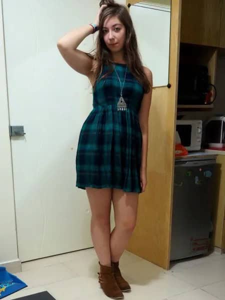 Navy Tartan Sleeveless Mini Dress with Ankle Boots