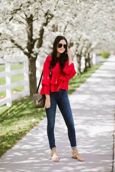 Red Ruffle Blouse with Cuffed Skinny Jeans