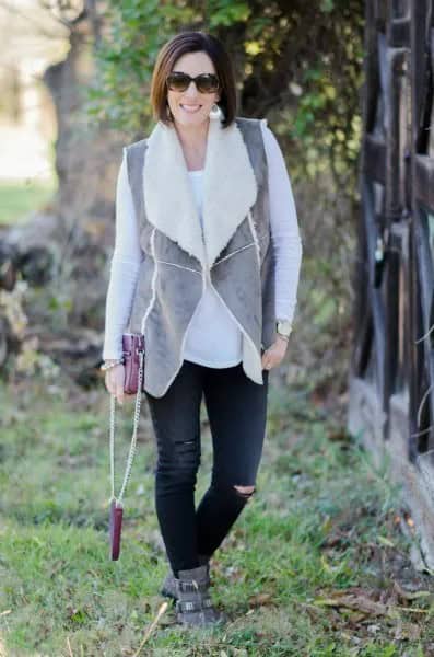 Grey Vest with Black Ripped Jeans & Suede Ankle Boots