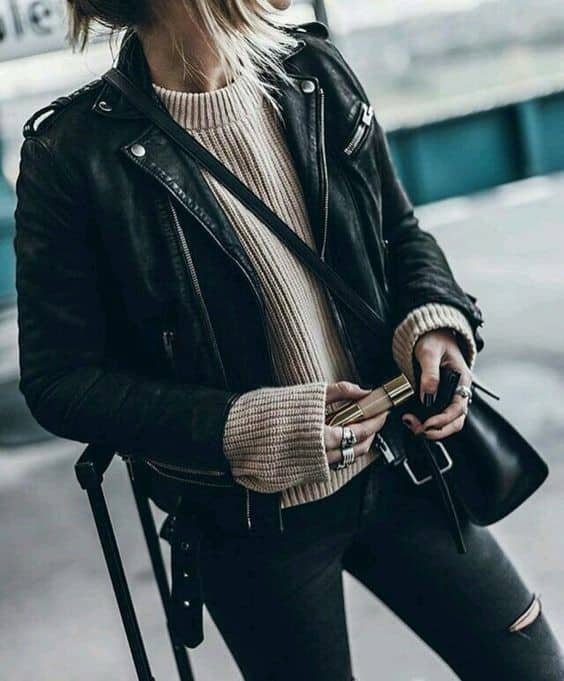 Black Leather Moto Jacket & Knitwear