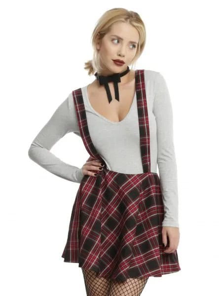 White V Neck Long Sleeve T Shirt with Green Plaid Suspender Dress