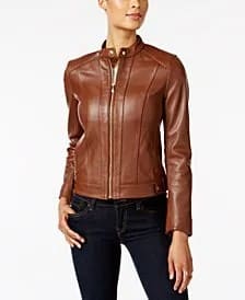 Brown Leather Embroidered Jacket with White Linen Pants